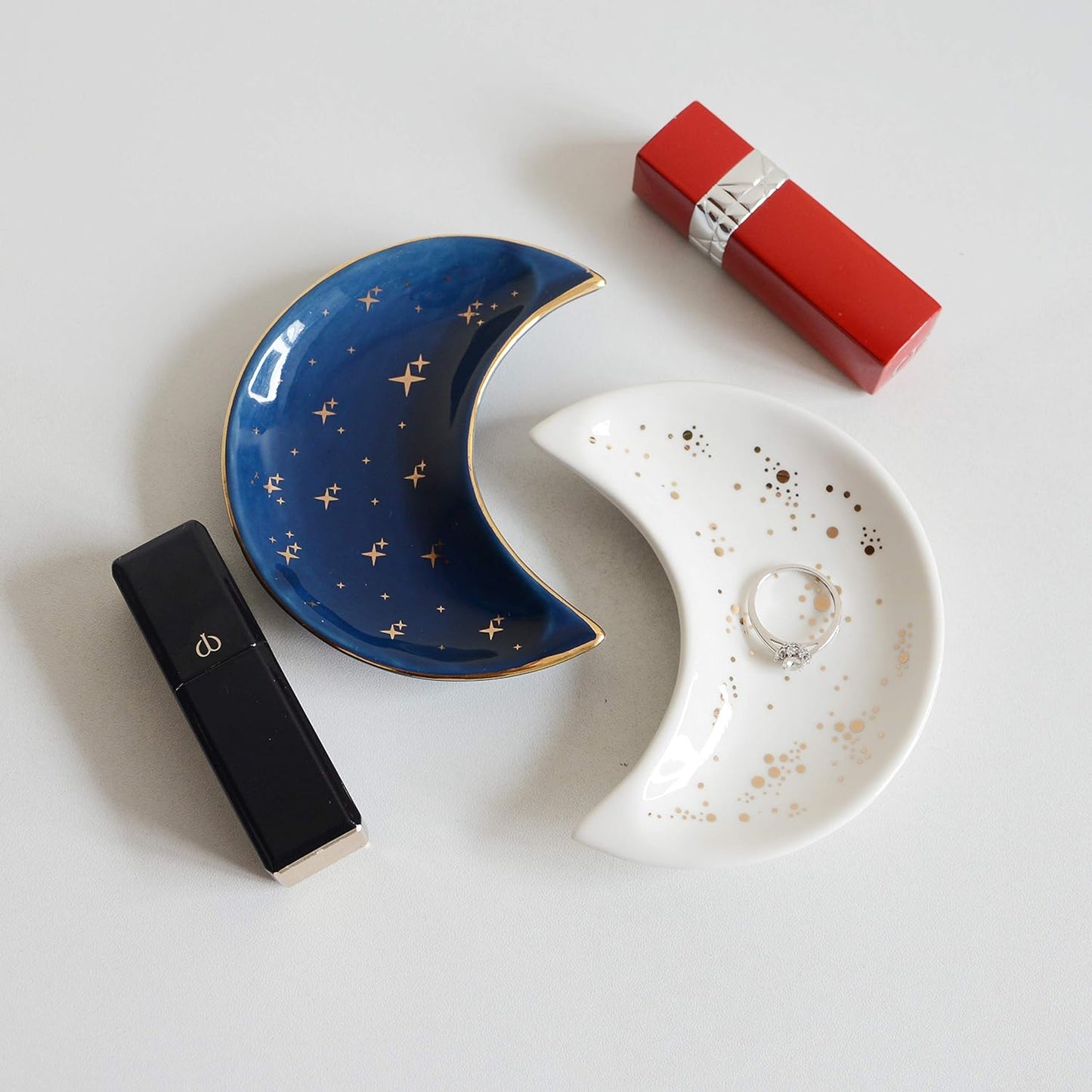 Small Moon Jewelry Dish Tray, Set of 2, Decorative Ceramic Trinket Dish, Modern Accent Tray for Vanity (Blue and White)