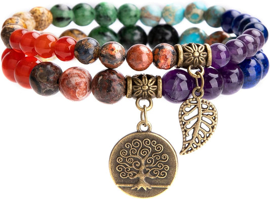 Natural Semi Precious Gemstone Beads Bracelet for Women - Life Tree and Leaf Charm Energy Reiki Crystal Stretch Bracelets