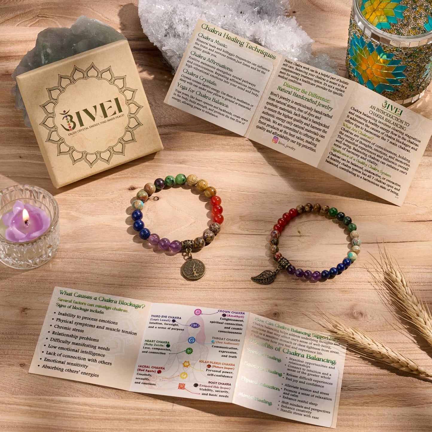 Natural Semi Precious Gemstone Beads Bracelet for Women - Life Tree and Leaf Charm Energy Reiki Crystal Stretch Bracelets