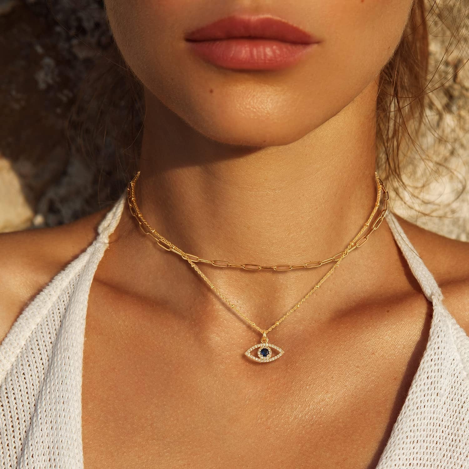 Layered Evil Eye Necklaces for Women 18K Gold Plated Dainty Chocker Necklace Delicate Jewelry Gift for Women Girls（Gold/Silver）