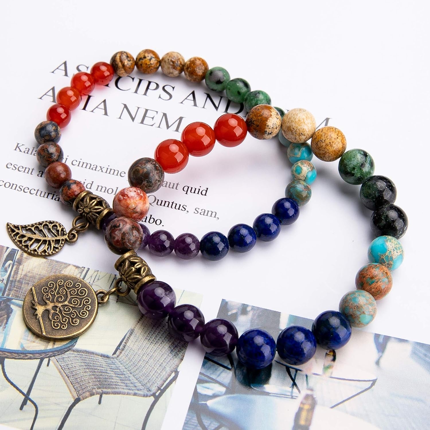 Natural Semi Precious Gemstone Beads Bracelet for Women - Life Tree and Leaf Charm Energy Reiki Crystal Stretch Bracelets