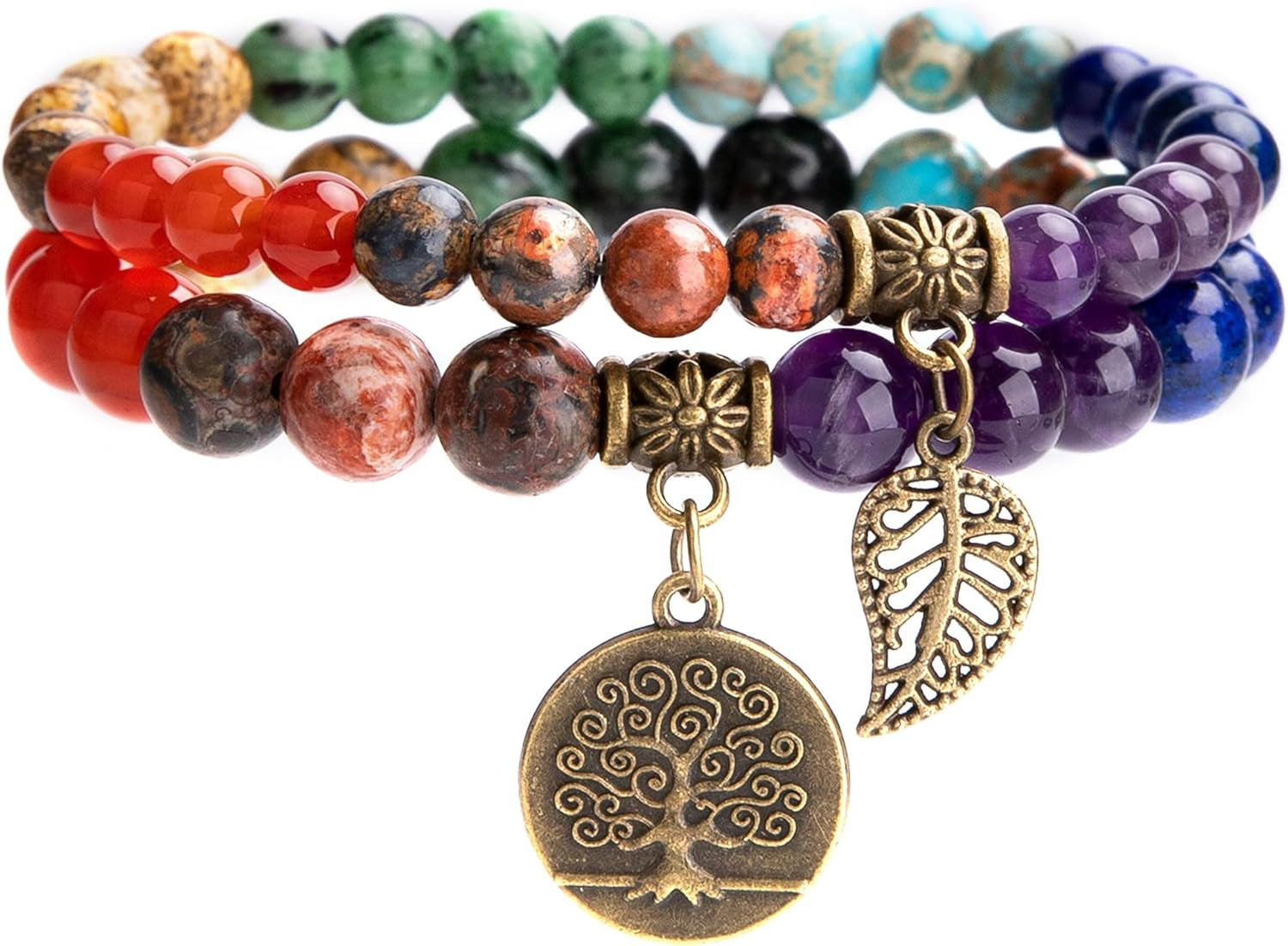 Natural Semi Precious Gemstone Beads Bracelet for Women - Life Tree and Leaf Charm Energy Reiki Crystal Stretch Bracelets
