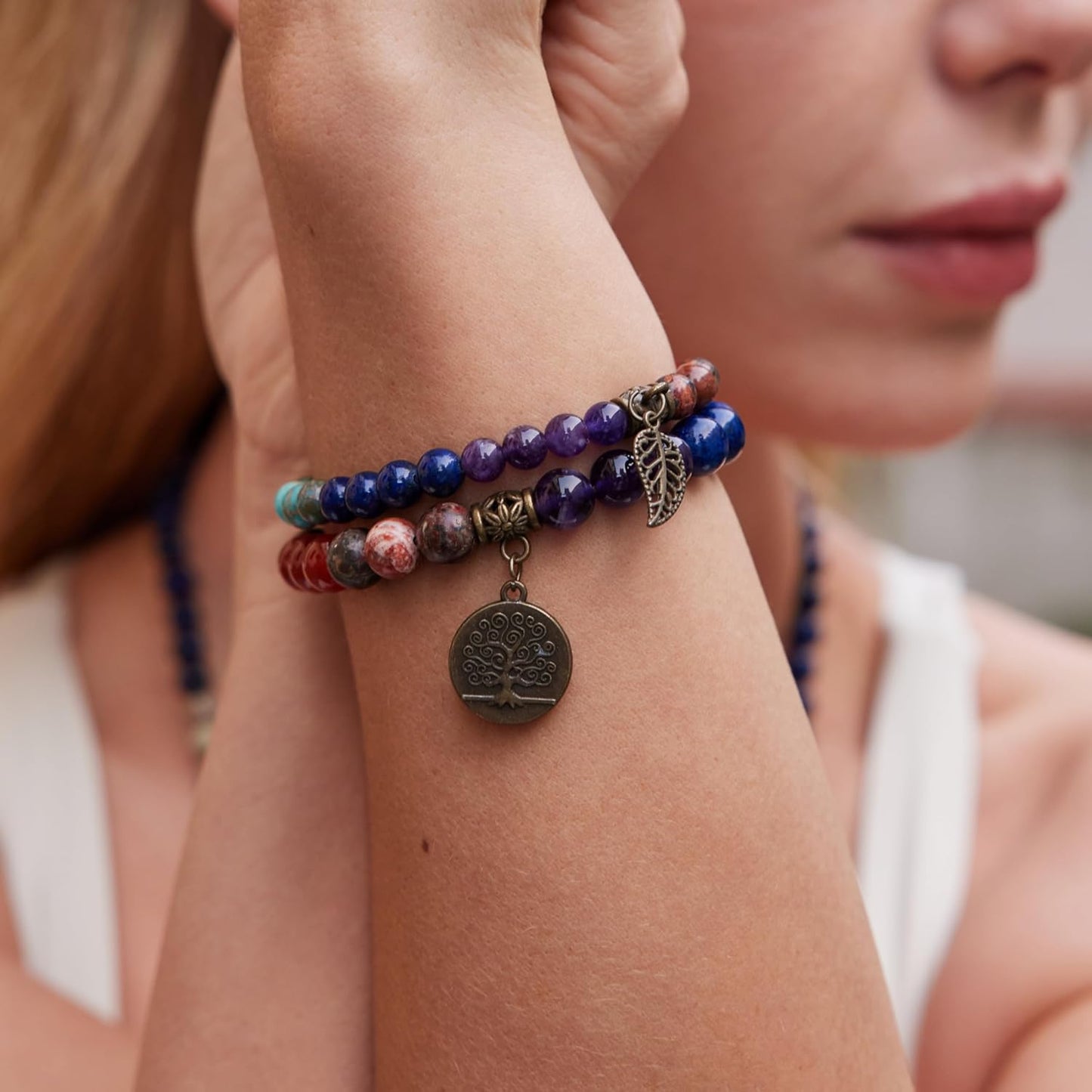 Natural Semi Precious Gemstone Beads Bracelet for Women - Life Tree and Leaf Charm Energy Reiki Crystal Stretch Bracelets