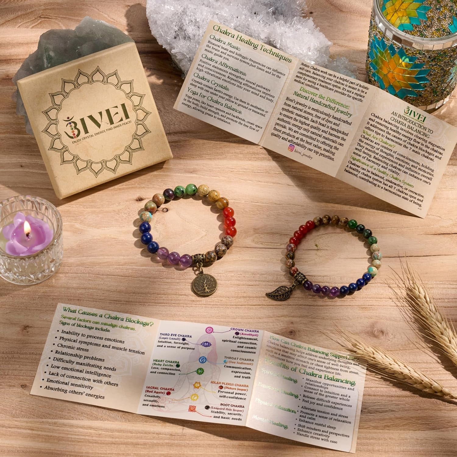 Natural Semi Precious Gemstone Beads Bracelet for Women - Life Tree and Leaf Charm Energy Reiki Crystal Stretch Bracelets
