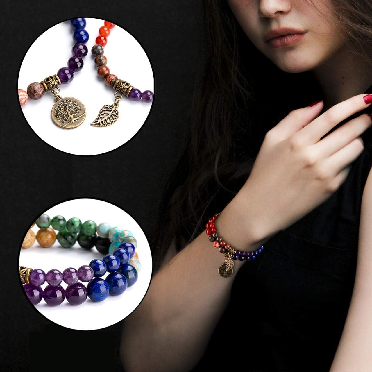 Natural Semi Precious Gemstone Beads Bracelet for Women - Life Tree and Leaf Charm Energy Reiki Crystal Stretch Bracelets