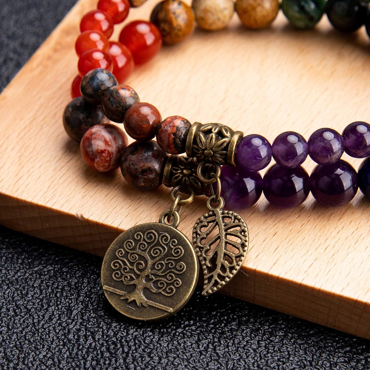Natural Semi Precious Gemstone Beads Bracelet for Women - Life Tree and Leaf Charm Energy Reiki Crystal Stretch Bracelets