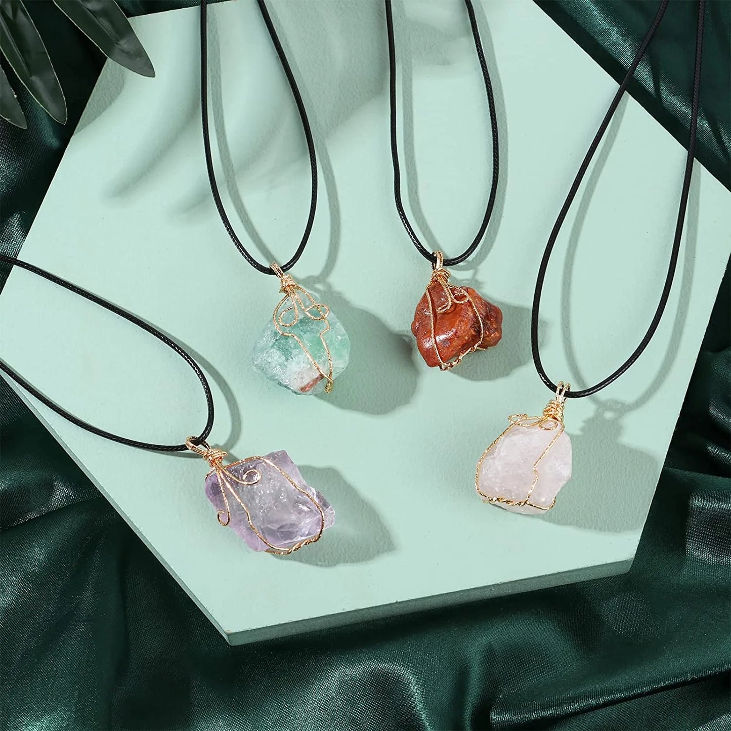 4PCS Rose Quartz Necklace, Crystal Pendant Necklaces for Woman, Wire Wrap Healing Necklace, Amethyst Clear Jewelry Chakra Handmade Spiritual Gemstone Gifts