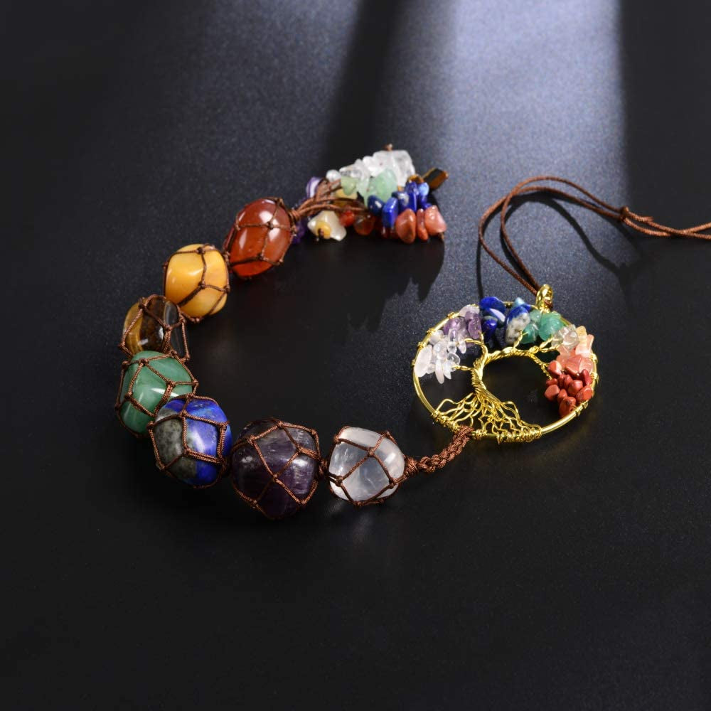 7 Chakras Stones Healing Crystals Tree of Life Wall Hanger Tumbled Gemstones Meditation Hanging Ornament Christmas Tree Memorial Hanging Pendant