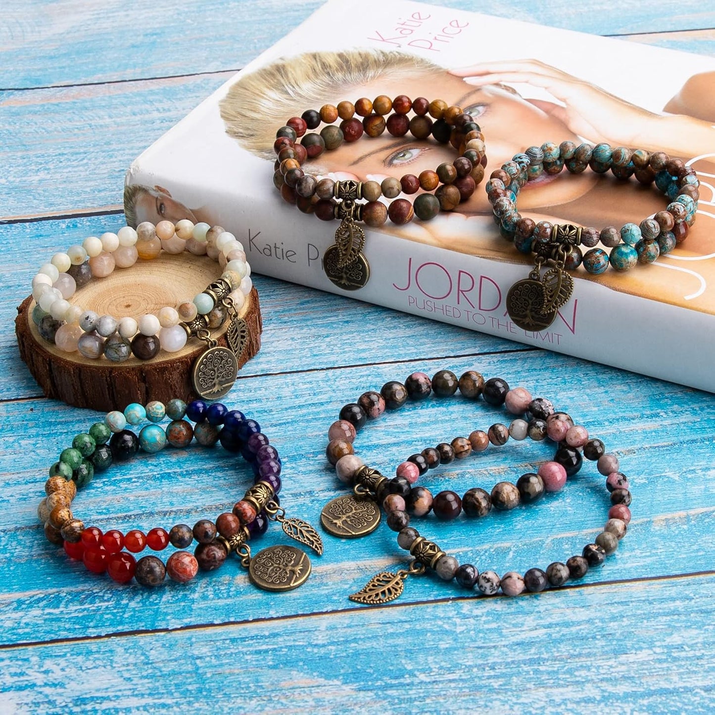 Natural Semi Precious Gemstone Beads Bracelet for Women - Life Tree and Leaf Charm Energy Reiki Crystal Stretch Bracelets